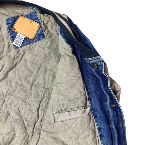No Fear Varsity Jacket Mens L Denim Blue Beige Sleeve 90s Y2K Streetwear Retro - Picture 10 of 13
